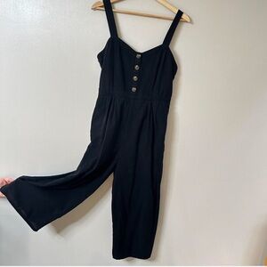 American Eagle Outfitters Black Button Front Jumpsuit Ankle Crop Pockets Large